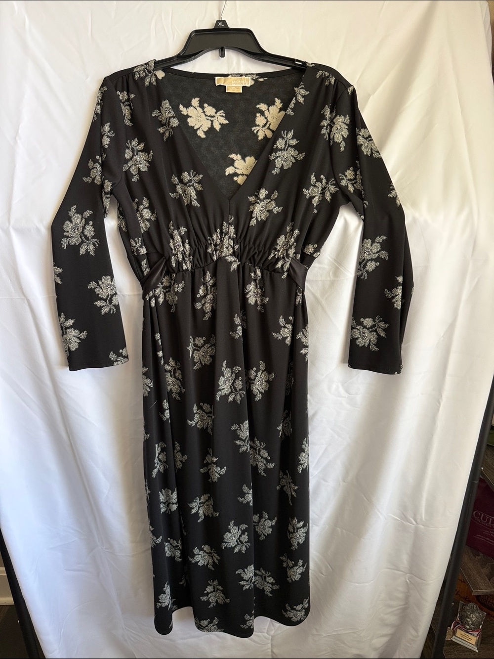Michael Kors Black Floral V-Neck Midi Dress